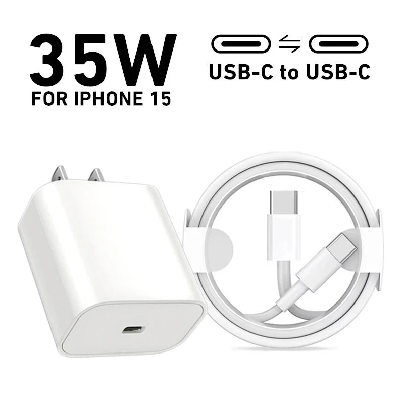 Original 35W USB C PD Fast EU US Chargeur mural pour iPhone 15 16 Pro Max 15 Plus USB-C à Type-C Câble de charge rapide 2m 3m C à C