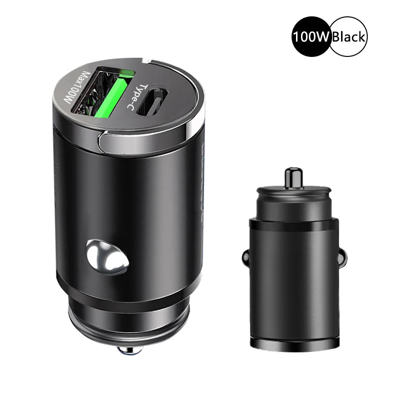 Mini chargeur de voiture allume-cigare 100W, charge rapide pour iPhone QC3.0, mini PD USB Type C, chargeur de téléphone de voiture pour Xiaomi Samsung Huawei