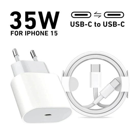 Original 35W USB C PD Fast EU US Chargeur mural pour iPhone 15 16 Pro Max 15 Plus USB-C à Type-C Câble de charge rapide 2m 3m C à C